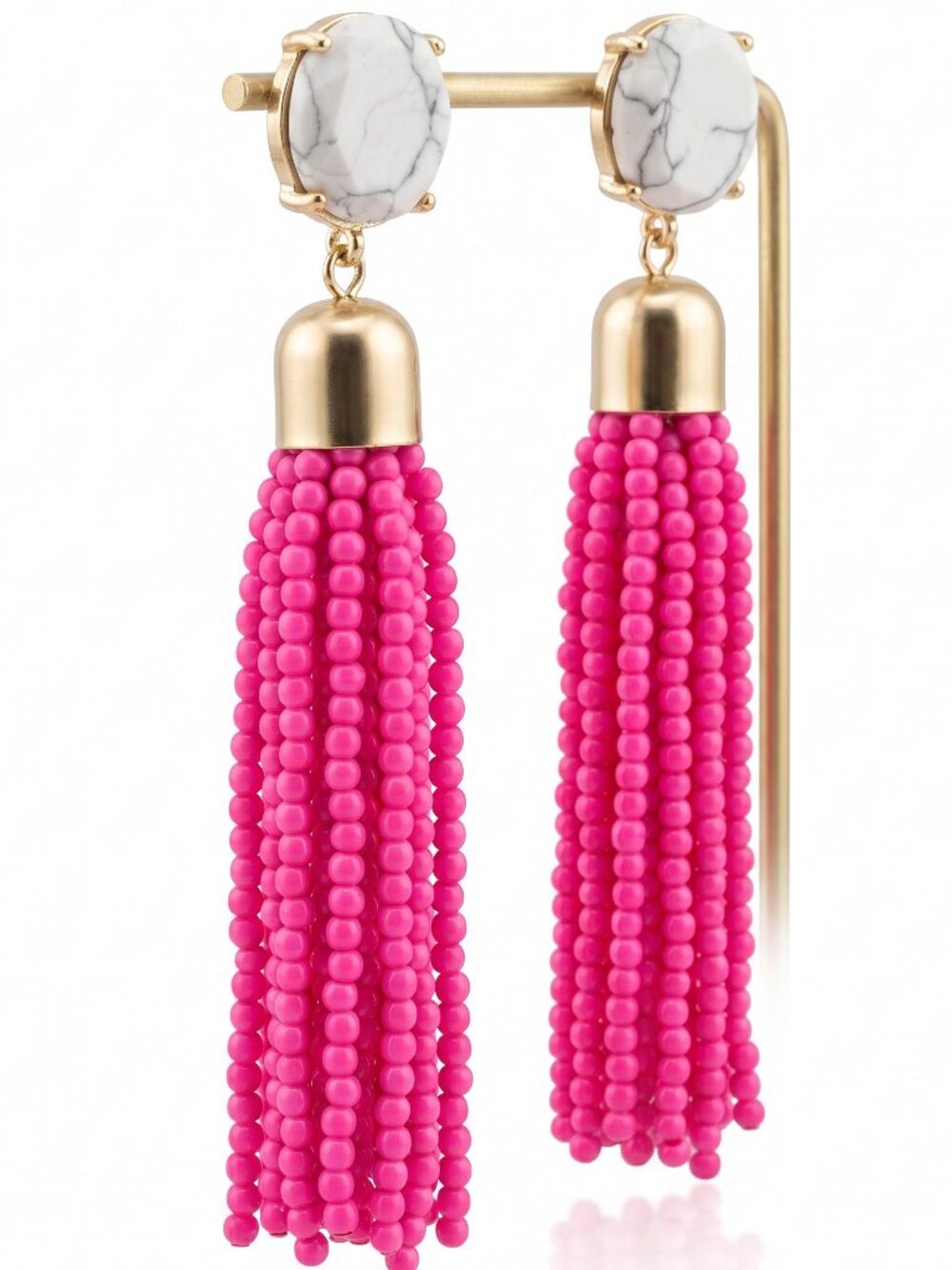 House of Lucky Hot Pink Seed Bead Tassel Earrings White Faux Howlite Dangle 3.5"